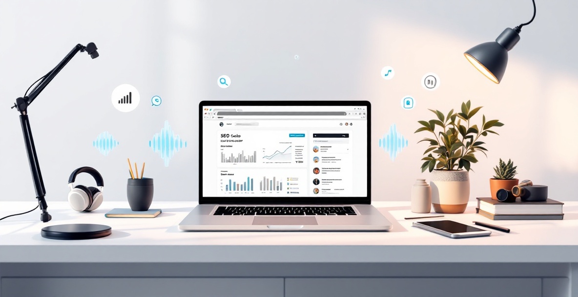 Laptop with podcast SEO dashboard, soundwaves, and icons for SEO concepts on a minimalist desk.