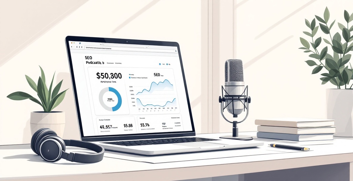 Minimalist workstation with laptop showing SEO analytics, microphone, and headphones for podcast setup.
