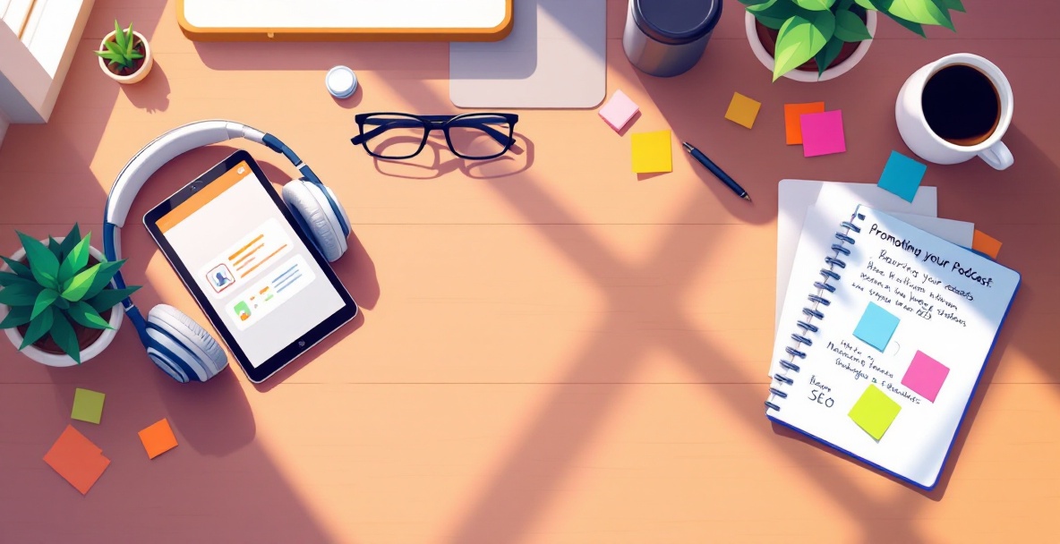 Overhead view of a workspace with a tablet, headphones, notebook, sticky notes, and a coffee cup.