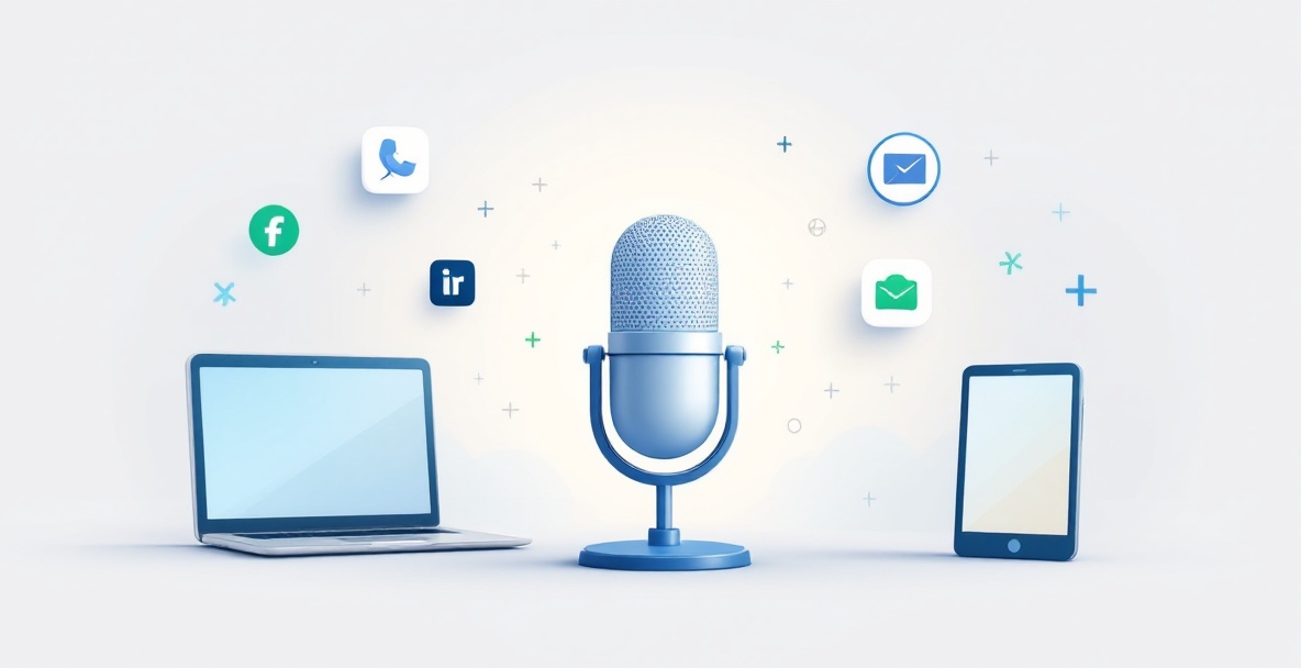 Microphone surrounded by digital platform icons symbolizing consistent branding for podcasters.