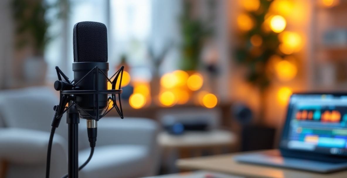 Close-up of a podcast studio setup with a microphone and recording equipment.