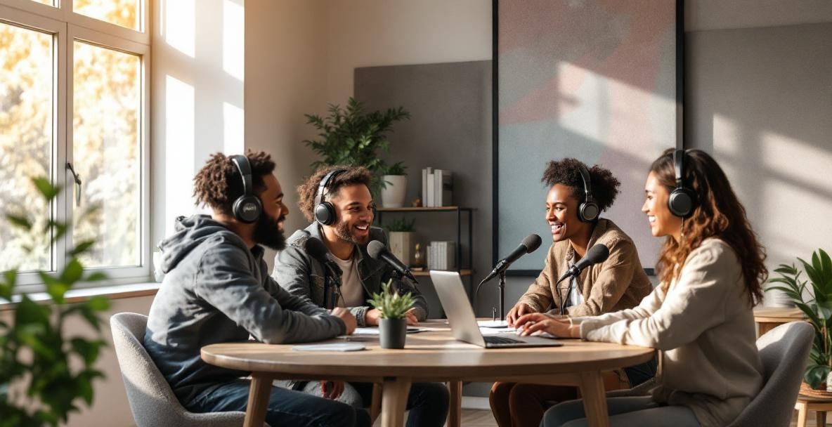 Diverse podcasters in studio with microphones, headphones, and audio software engaged in animated discussion.