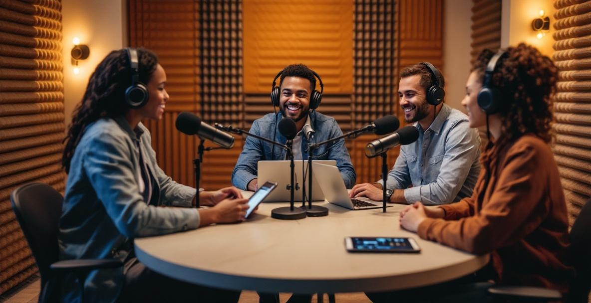 Three diverse podcasters recording in a studio with microphones and interactive tablet.