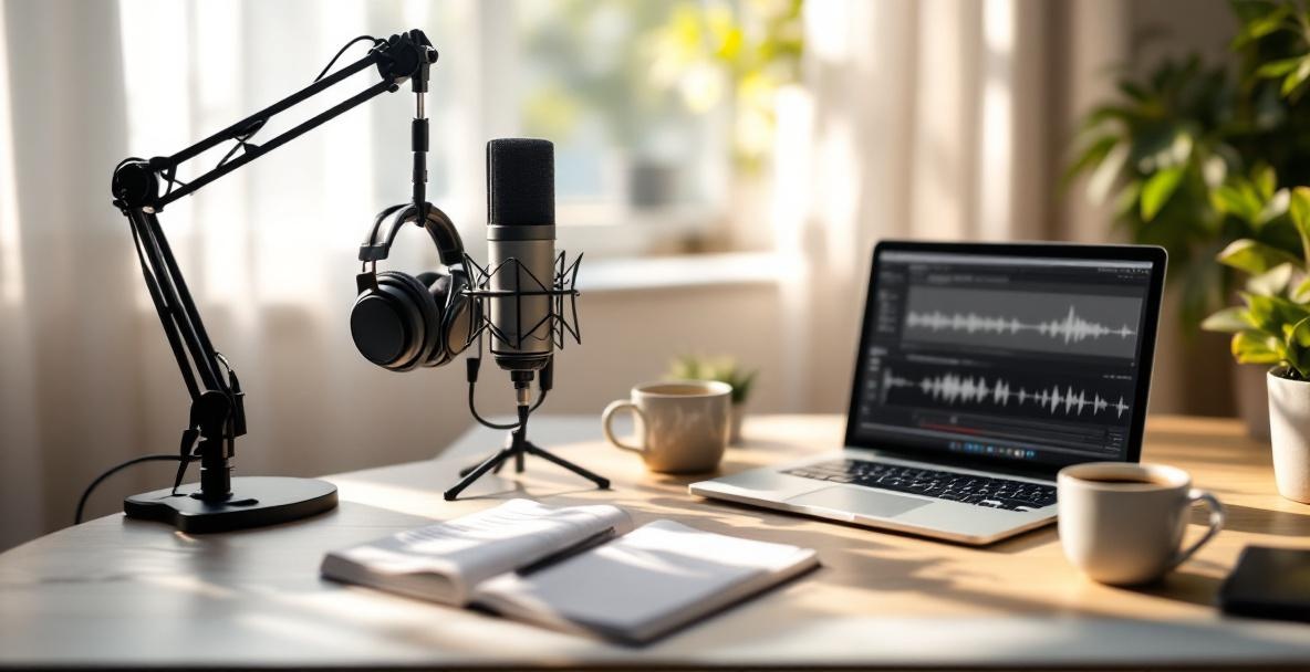 A cozy home studio setup with a microphone, laptop, headphones, notepad, and coffee.