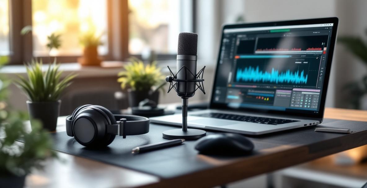 Modern podcast editing setup with microphone, laptop, headphones, plant, and notebook on a sleek desk.