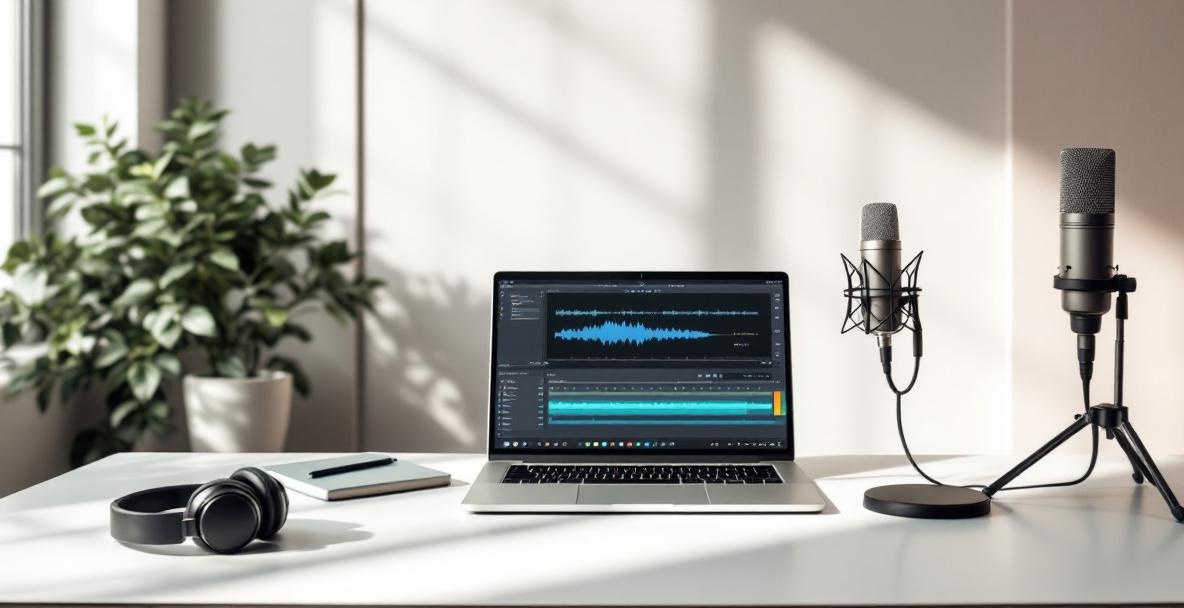 Minimalist workspace with laptop showing audio software, headphones, and microphone.