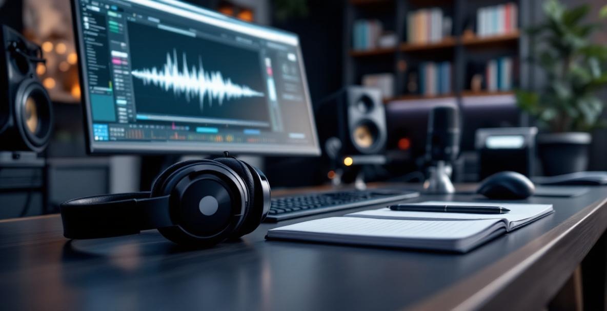 Podcast editing studio with workstation, headphones, microphone, notebook, and shelves of audio gear.