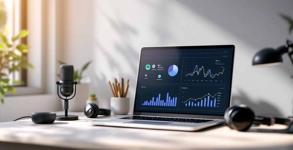 Workspace of a digital marketer with a laptop showing podcast analytics and podcast app icons.