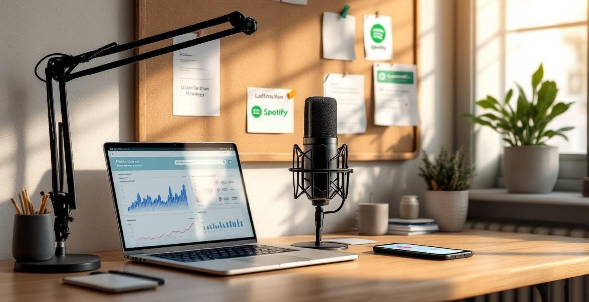 Podcaster's modern desk setup with a microphone, laptop showing analytics, and corkboard with podcast strategy.