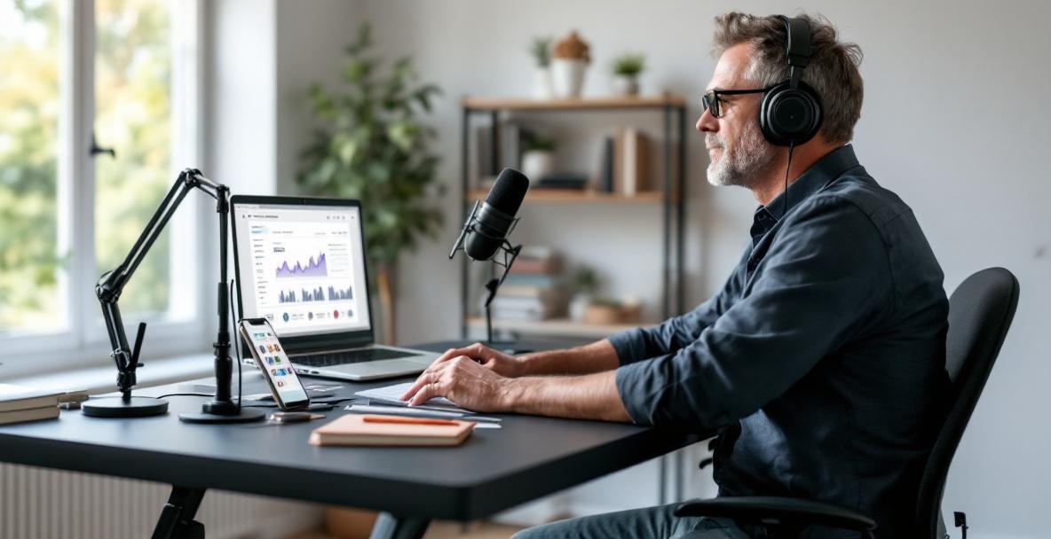 Podcaster at modern desk with mic, headphones, and laptop showing analytics, in a well-lit room, focused on planning.