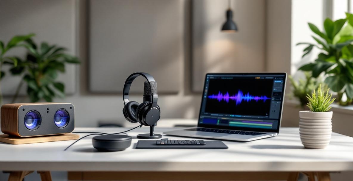 Modern podcast studio setup in 2025 with microphone, headphones, and laptop.