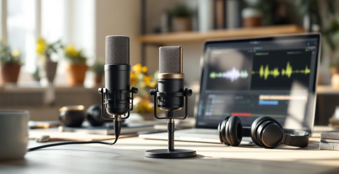 A modern workspace with a microphone, laptop, headphones, and bookshelf.