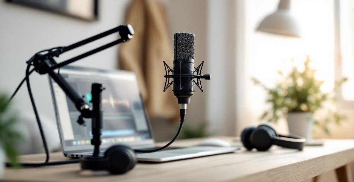 Modern podcast setup with microphone, laptop showing audio software, headphones, and plant in a home studio.