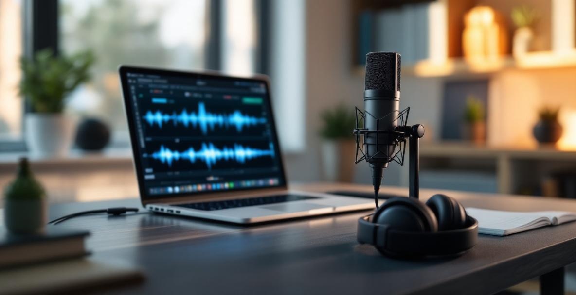 Modern home studio setup with microphone, laptop, headphones, and minimalist decor.