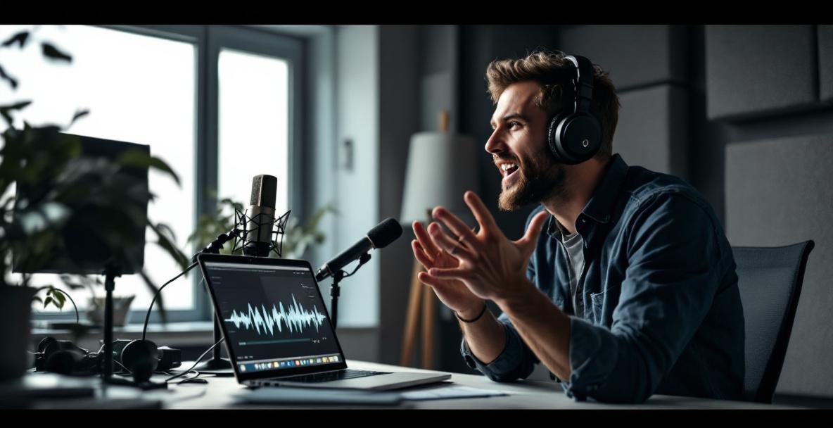 Podcaster recording in a modern studio with soundproof panels, microphones, and a laptop displaying audio waveforms.