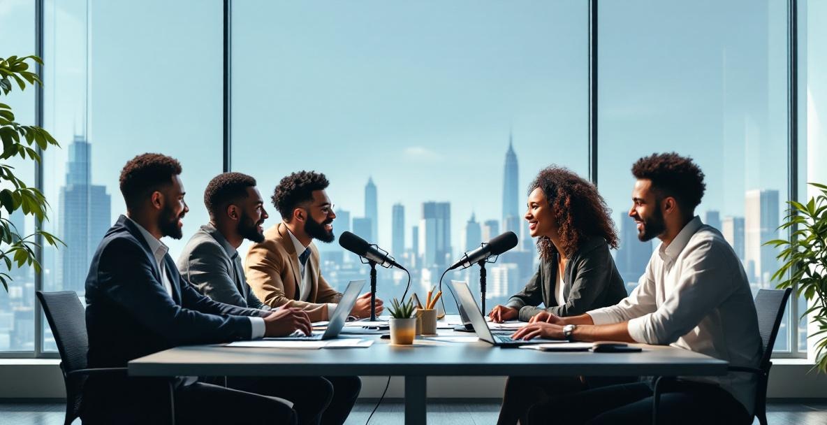 Diverse podcasters strategizing at a table with laptops and mics, city skyline in background.