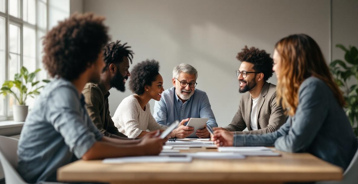 Diverse group discussing podcast audience insights in a modern office.
