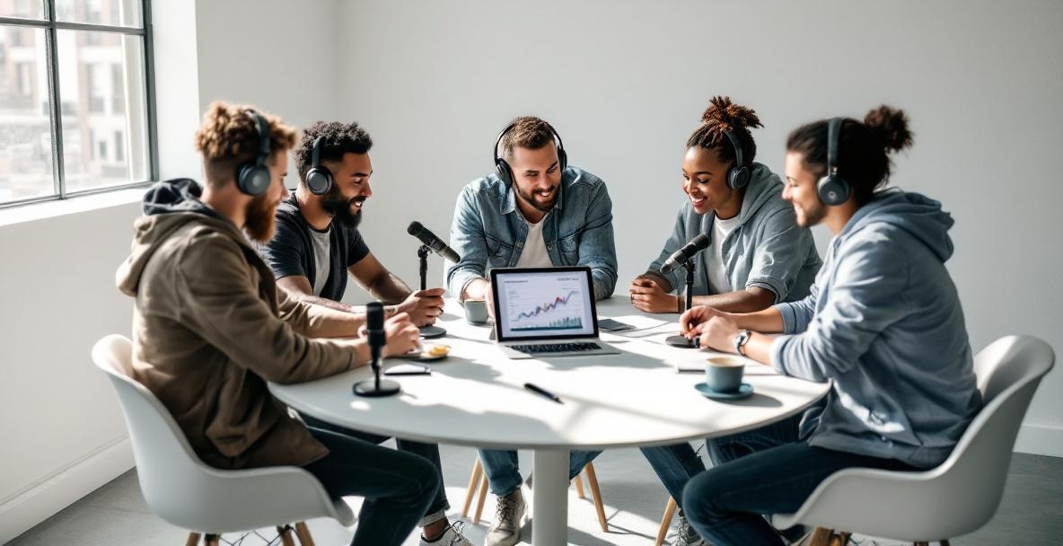 Diverse podcasters discuss analytics at a circular table in a sleek studio.