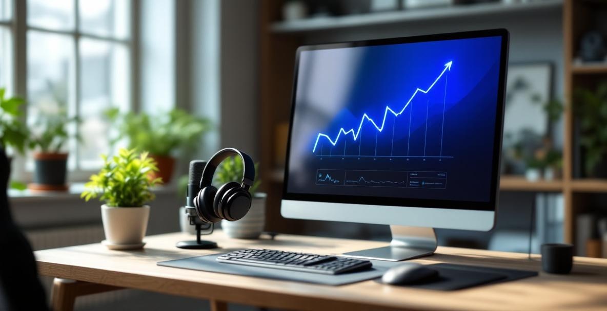 Modern podcast studio desk with computer, microphone, headphones, and potted plant under natural lighting.