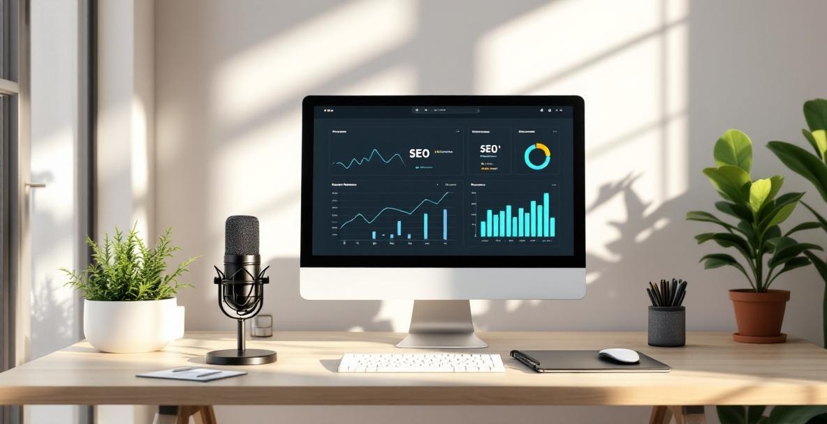 Minimalist workspace with a desk, computer, microphone, notepad with SEO strategies, and a small desk plant.