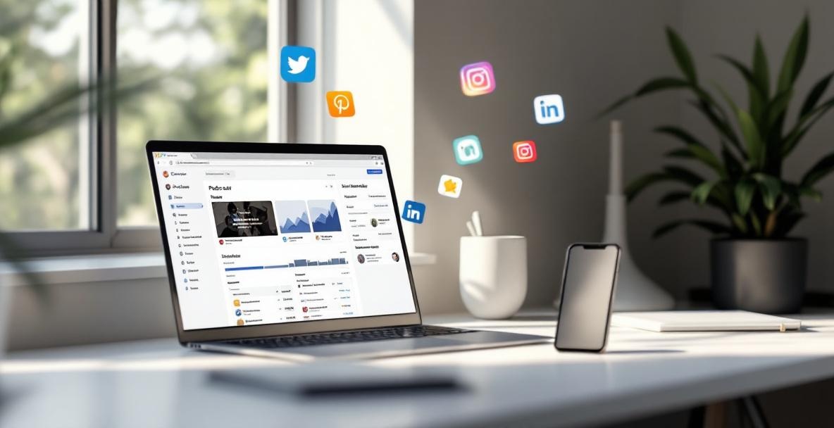 Laptop with podcast and social media apps, smartphone nearby, illustrating podcast promotion strategies.