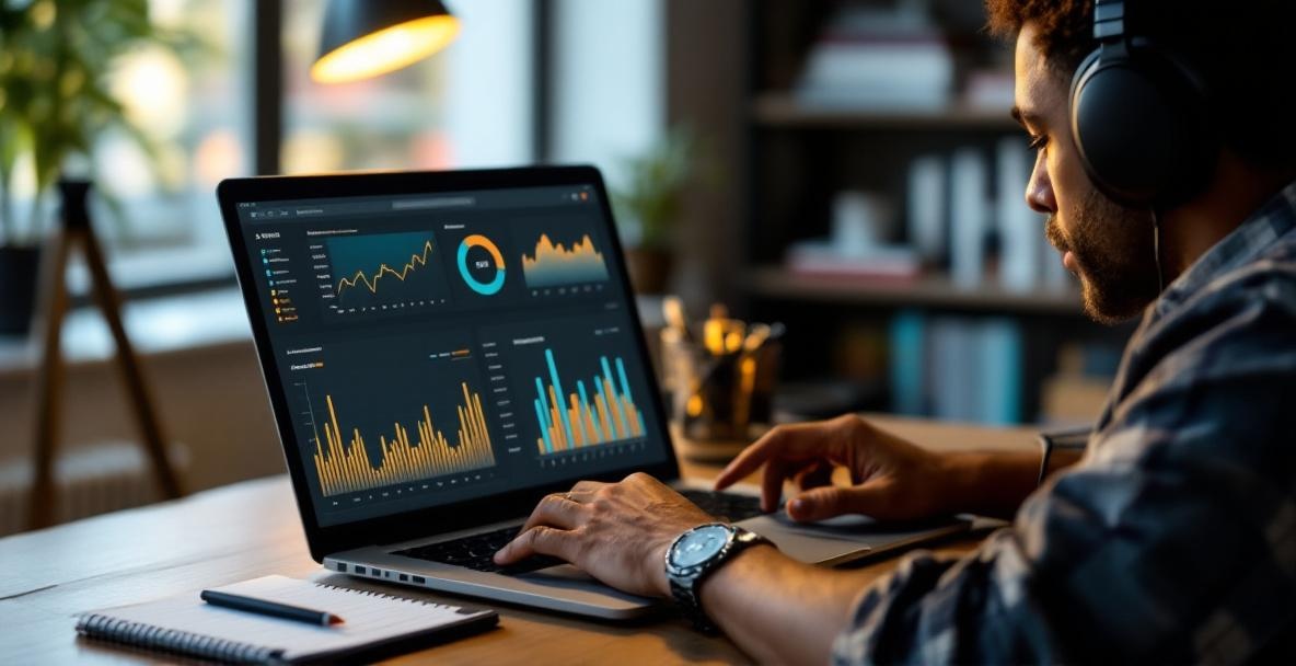 Podcaster analyzes SEO data on a laptop at a desk with headphones, surrounded by a professional setting.