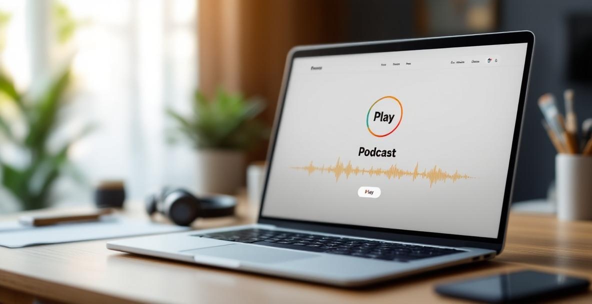 Modern minimalist podcast website on laptop with play button and waveform graphic.