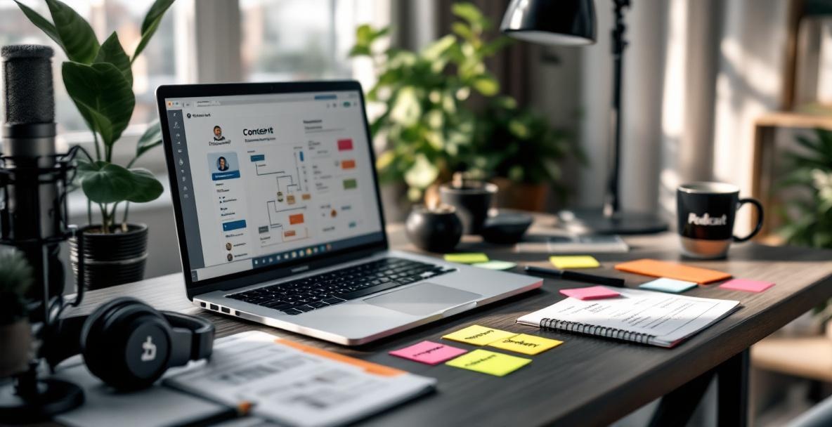 Digital workspace with podcast elements: laptop, microphone, headphones, and flowcharts.