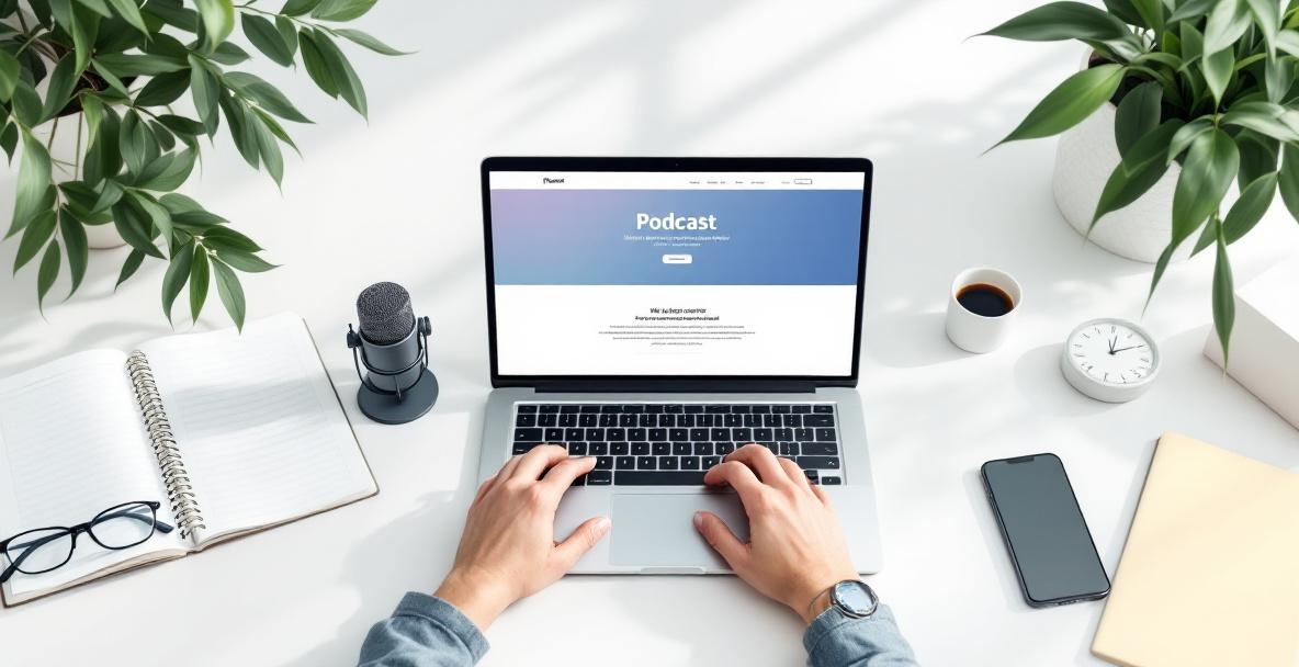 Minimalist workspace with laptop, microphone, notepad, and smartphone for budget-conscious podcasters.
