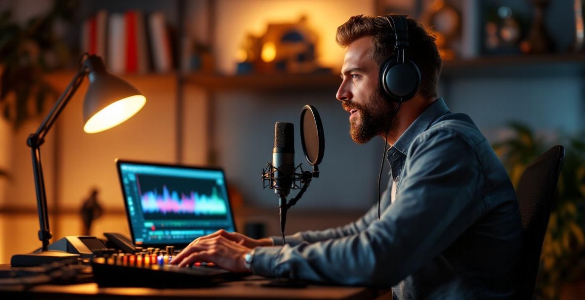 Professional podcaster in a modern studio, speaking into a microphone with ambient lighting.
