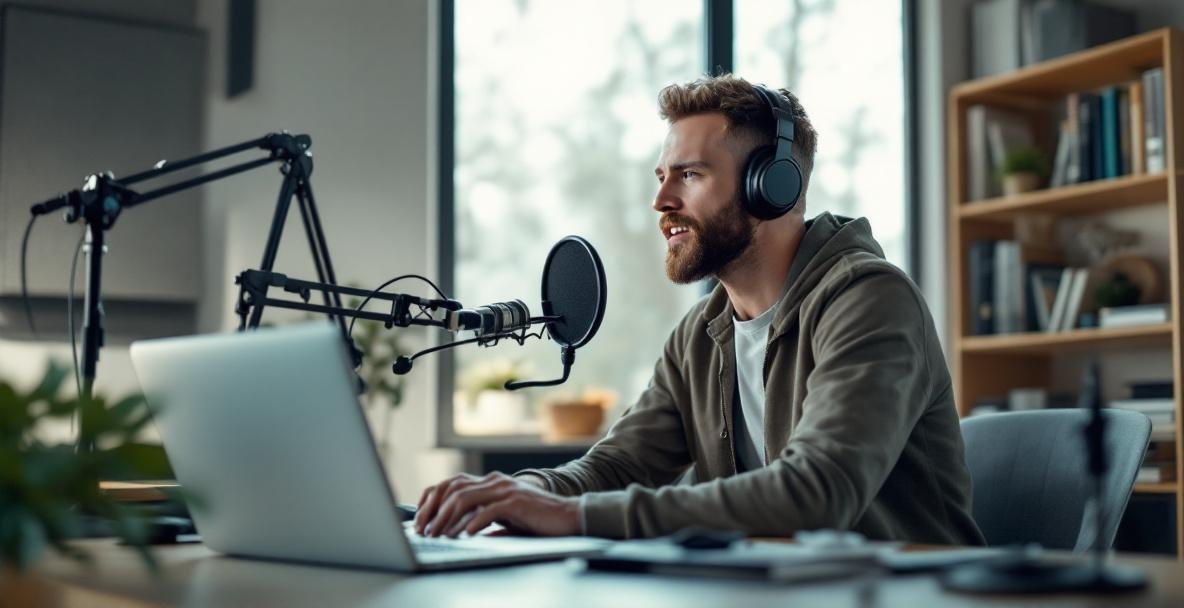 Podcaster in a modern studio with microphones, laptop, and books on storytelling.