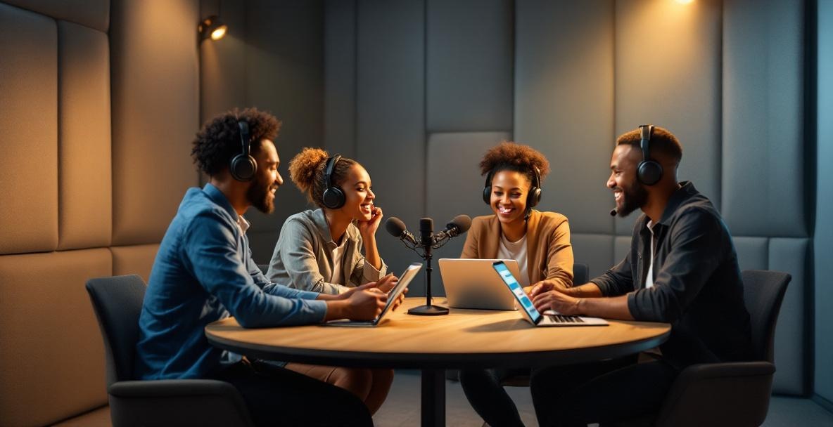 Diverse group recording a podcast at a modern table surrounded by digital tools.