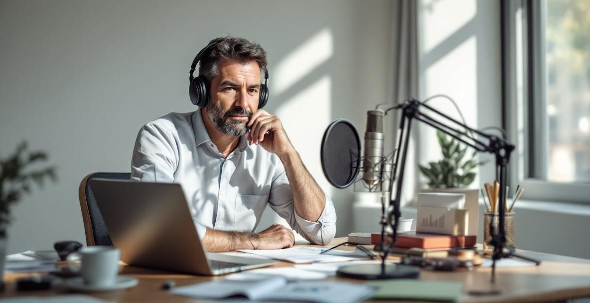 Podcast host analyzing listener feedback with notes, laptop, and devices on desk.