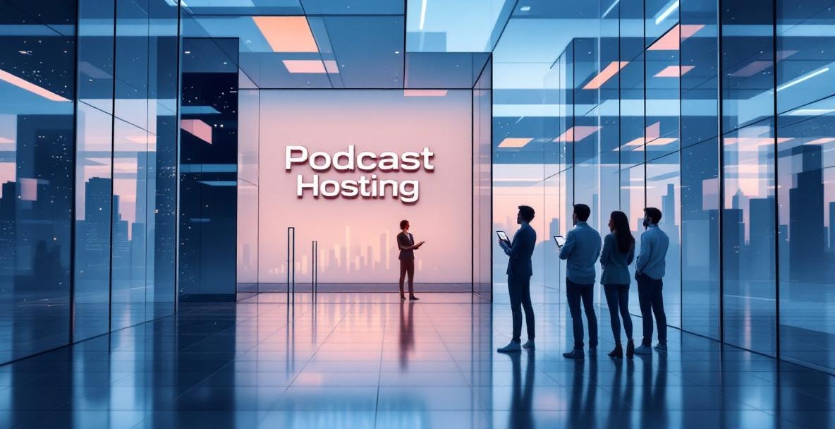 Modern glass and metal maze labeled 'Podcast Hosting' with professionals analyzing it.