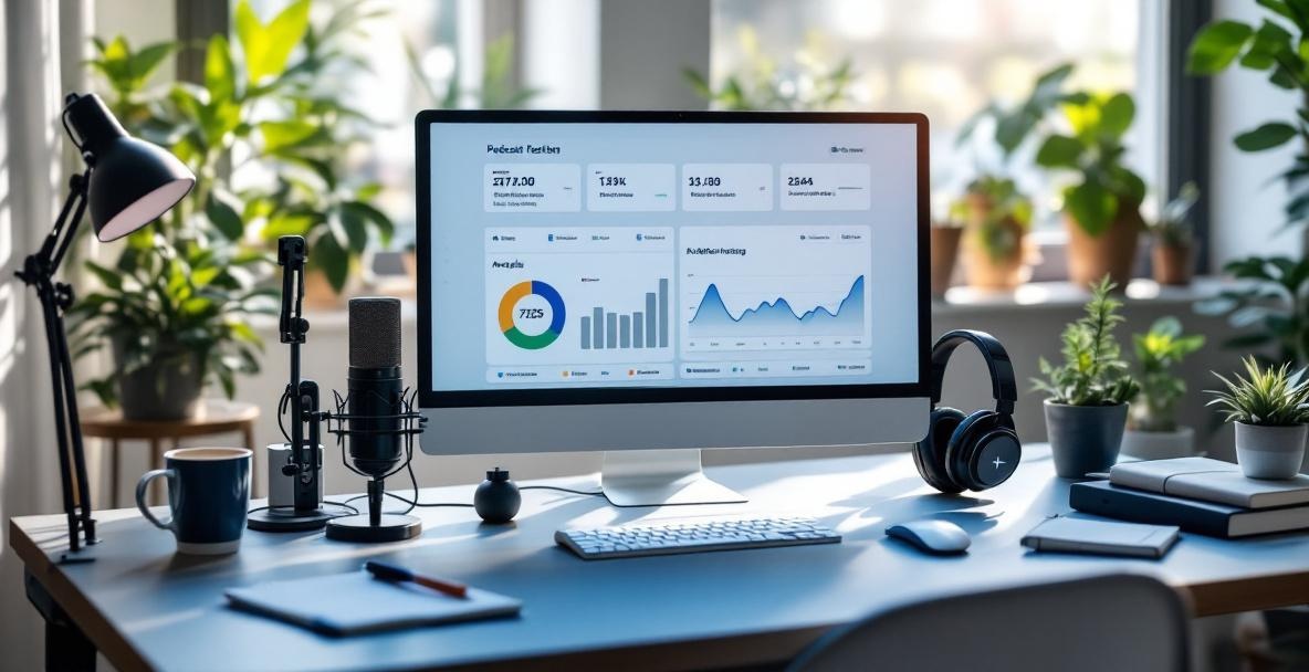 Digital podcaster's workspace with analytics on screen and podcasting gear in a modern home office.