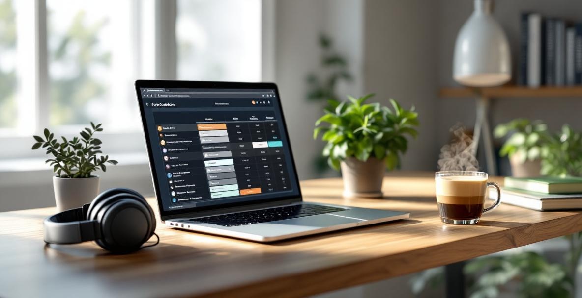 Modern home office for a podcaster with a laptop, headphones, microphone, plant, and coffee.
