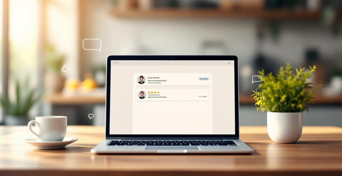 Laptop showing podcast platform with star ratings and user comments in a coffee shop setting.