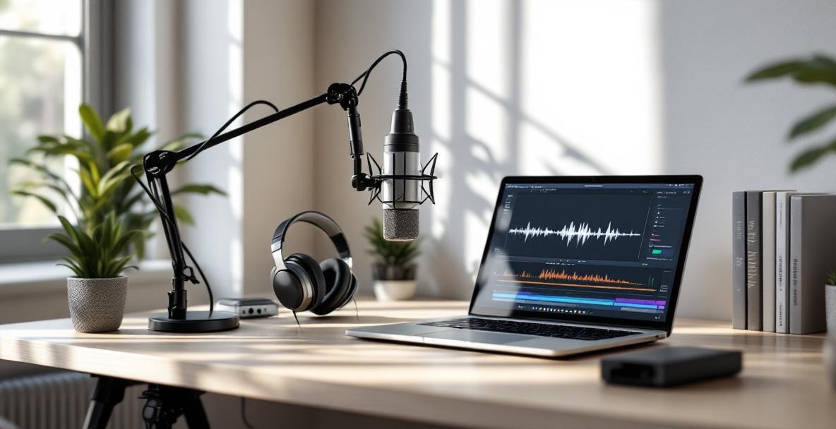 Modern podcast setup with microphone, headphones, and laptop on a minimalist desk.