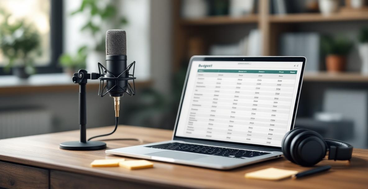 Podcaster's desk with laptop, microphone, headphones, and budgeting tools in natural light.