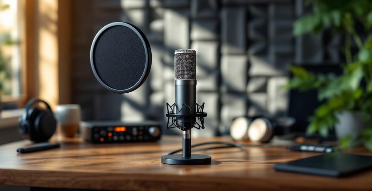 Mid-range podcast setup with microphone, audio interface, and headphones on a wooden desk.