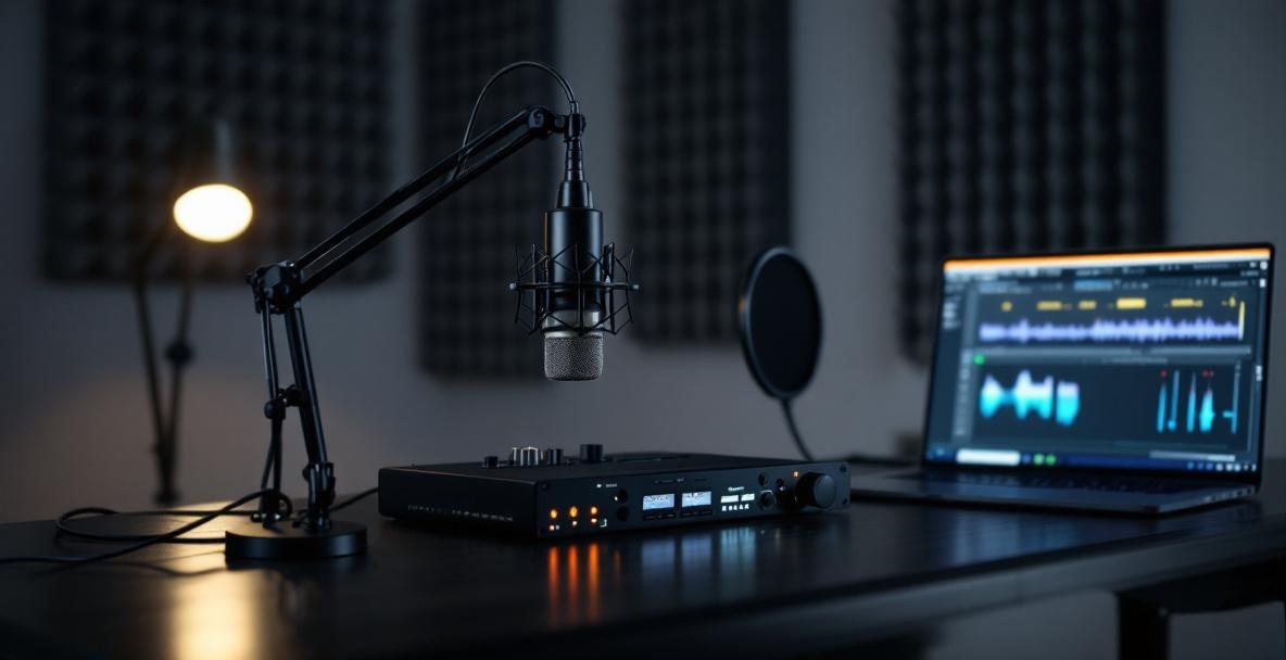 Sleek podcast studio with a high-end microphone, audio interface, and laptop.