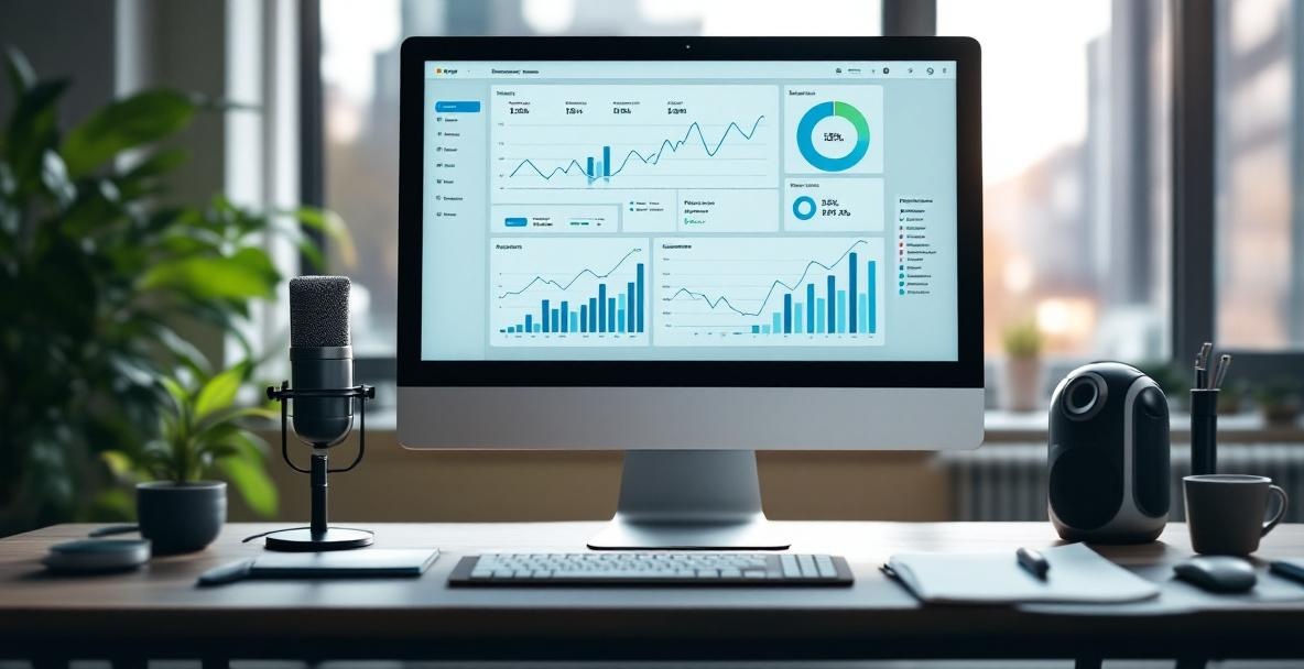Modern podcast studio with analytics dashboard, microphone, and notepad.