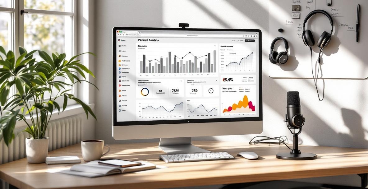 Modern workspace showing a computer with podcast analytics, smartphone, coffee, whiteboard, and headphones.