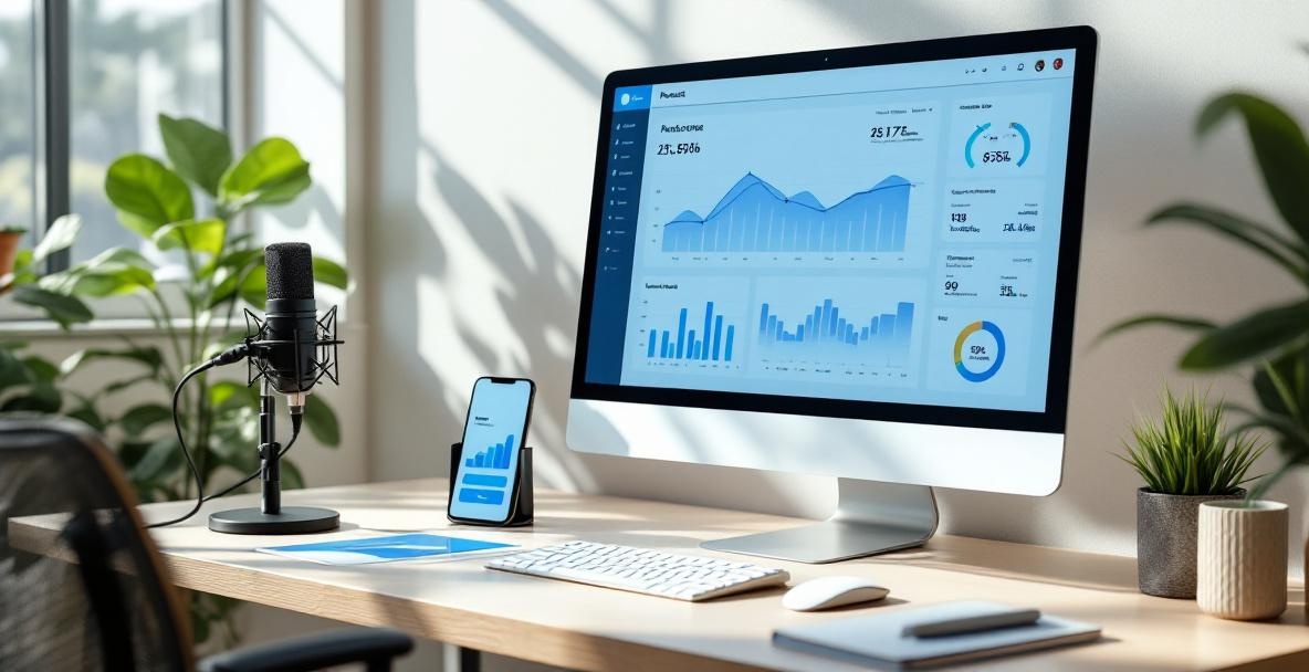 Modern workspace with a computer displaying podcast analytics and a microphone on a desk.