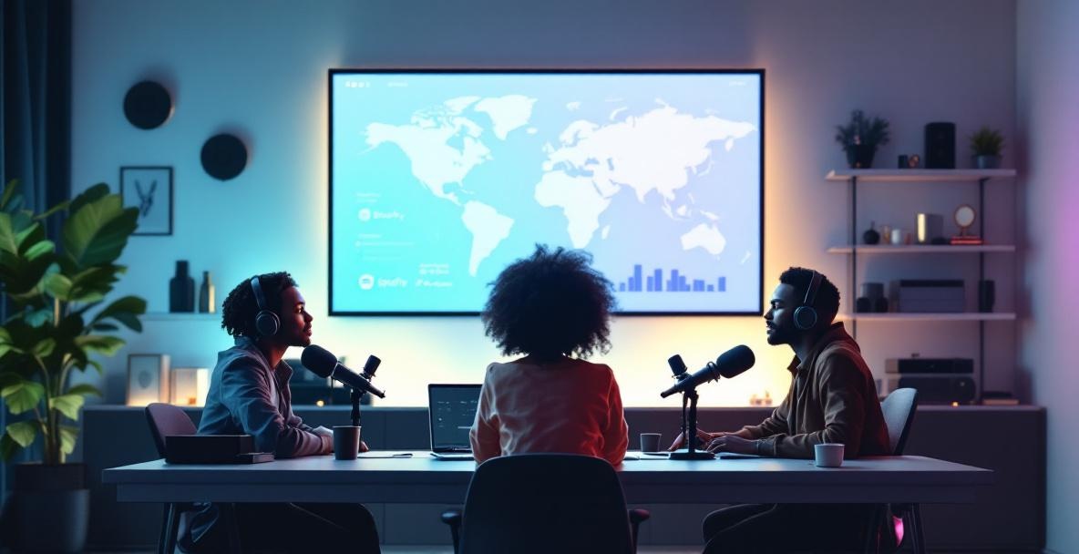 Diverse podcasters at a modern studio desk with screens showing podcast analytics and global reach.