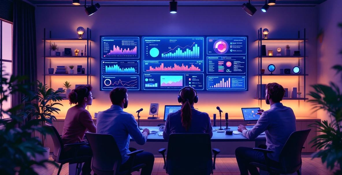 Diverse team in a futuristic podcast studio with holographic interfaces and multi-screen console.