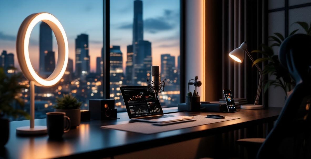 Minimalist podcaster workspace with desk, microphone, laptop, and city skyline.