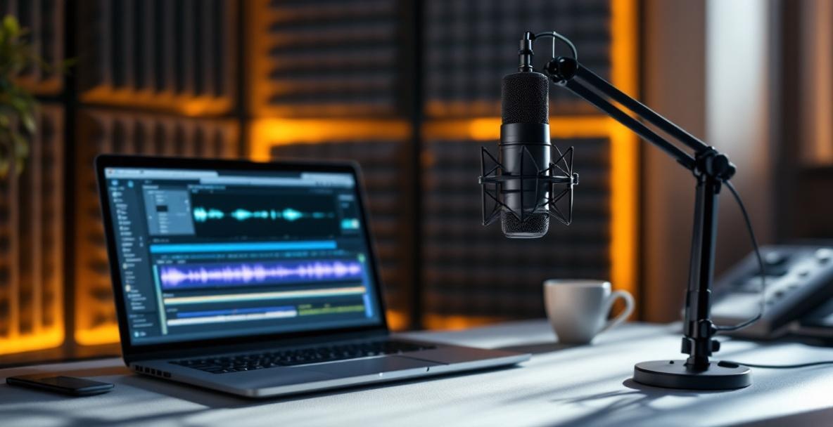 Modern podcast studio setup with microphone, laptop, and soundproof panels.