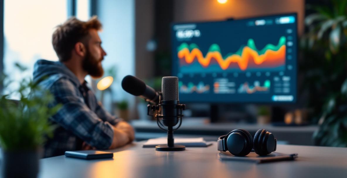 Modern podcast studio with microphone, headphones, and analytics on screen.