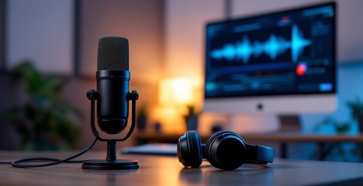 Modern podcast studio setup with microphone, headphones, and computer screen.